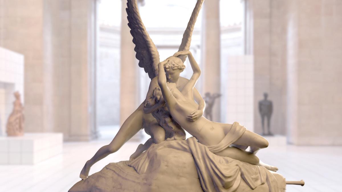 Final static rendering of Cupid and Psyche set within the Louvre